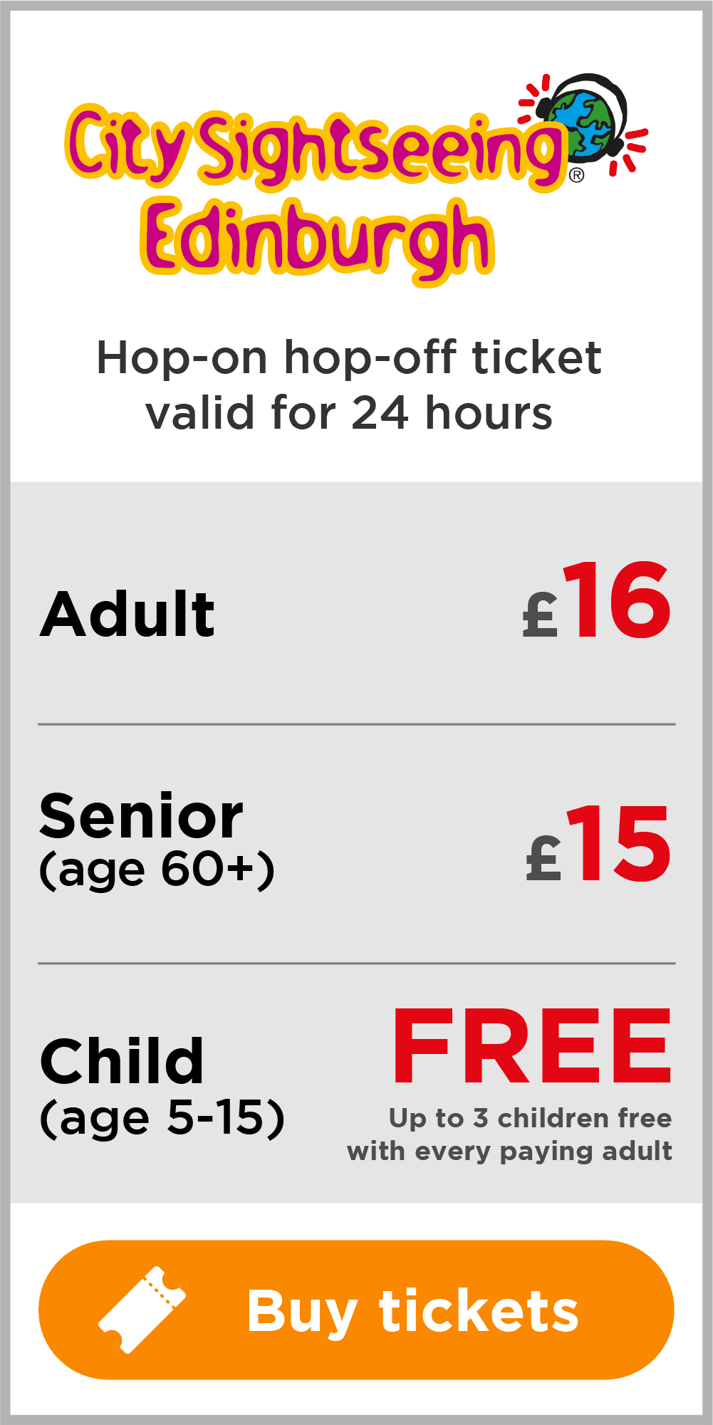 CitySightseeing Edinburgh Tour Tickets, £16 adult £15 senior child for free