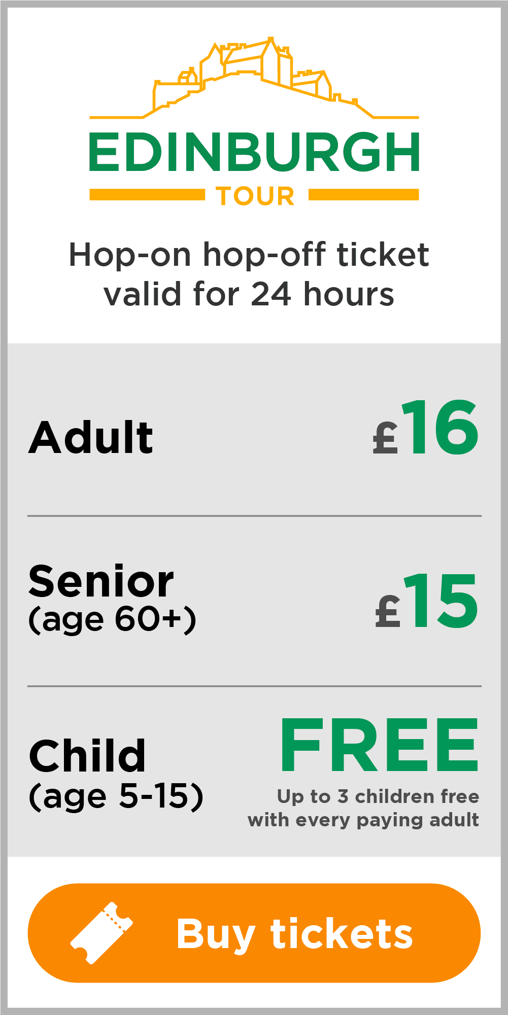 Edinburgh Tour Tickets, £16 Adult £15 Senior child free