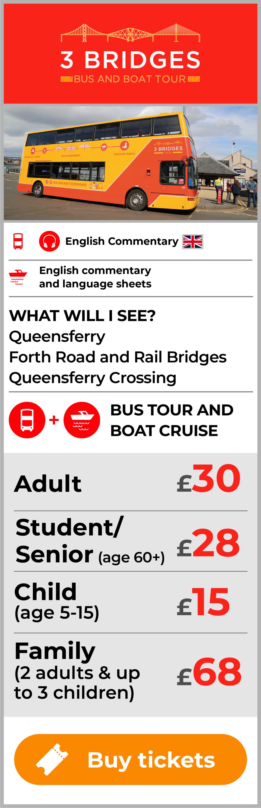 3 Bridges Tour includes Queensferry Forth Road and Rail Bridges Queensferry Crossing. £28 for adult and £26 for senior ticket.