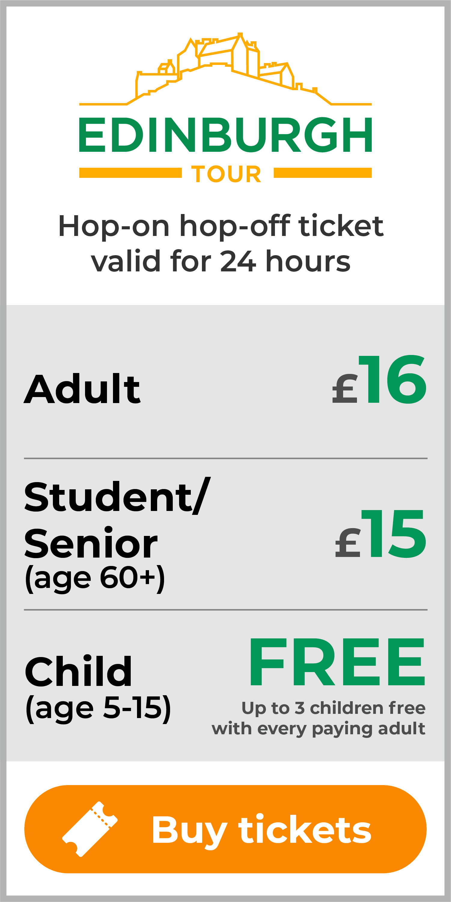 Edinburgh Tour Tickets, £16 Adult £15 Senior child free