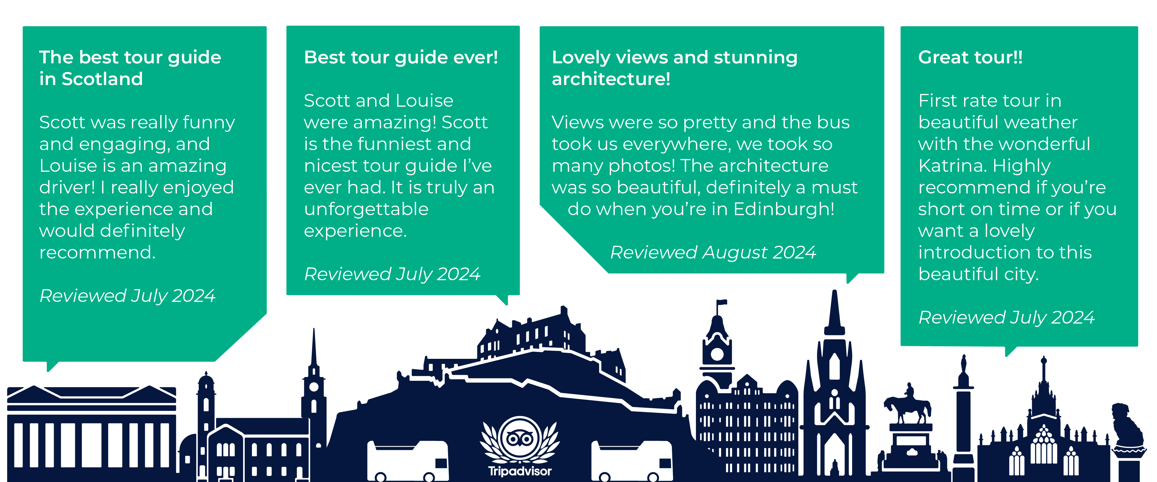 Tripadvisor Reviews: Great way to see Edinburgh Great experience from start to finish. I rang to get some info prior to our visit and Elaine was very helpful. The bus tour made getting to the Castle, Royal Yacht Britannia and Holyrood Palace stress free. Thanks to Sandra who thoroughly explained how to best use the buses. The onboard talks were very interesting and the atmosphere on the buses was very friendly. A big thumbs up for EBT! Reviewed May 2024. I learned a lot! Very knowledge tour guide, also entertaining. The bus was very comfortable and the driver was also good. It was just about the right length if time to do in one trip, but it is very easy to hop an and off and the ticket us valid for 24 hours. Reviewed June 2024.