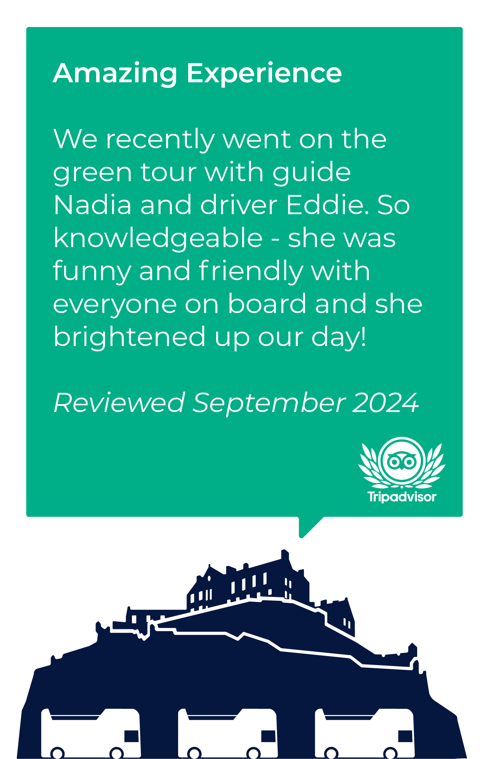 Amazing Experience.  We recently went on the green tour with guide Nadia and driver Eddie. So knowledgeable - she was funny and friendly with everyone on board and she brightened up our day!  Reviewed September 2024.