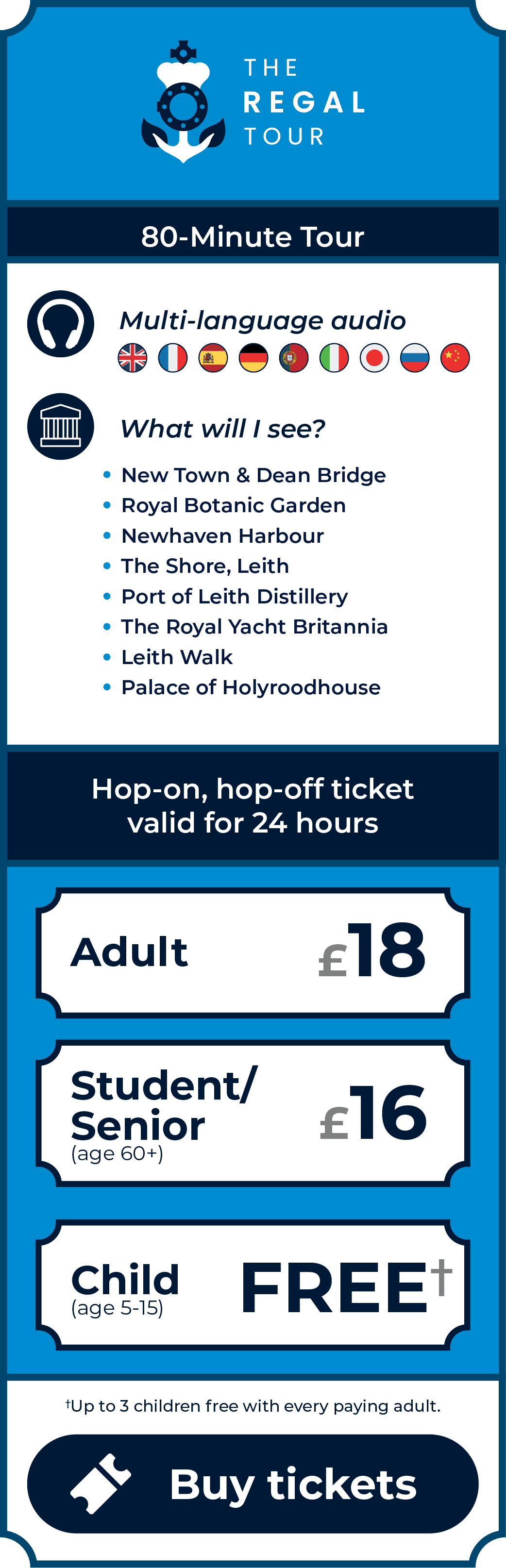 The Regal Tour. 80-minute tour. Multi-language commentary with provided headphones includes English, French, Spanish, German, Portuguese, Italian, Japanese, Russian and Chinese. Sights include The Georgian New Town and Dean Bridge, Royal Botanic Garden Edinburgh, Newhaven Harbour, The Shore, Leith, Port of Leith Distillery, The Royal Yacht Britannia at Ocean Terminal, Leith Walk and Palace of Holyroodhouse. Hop-on, hop-off ticket valid for 24 hours. Adult £18. Student/Senior (age 60+) £16. Children (age 5-15) go free - up to 3 children free with every paying adult. Click to buy tickets.