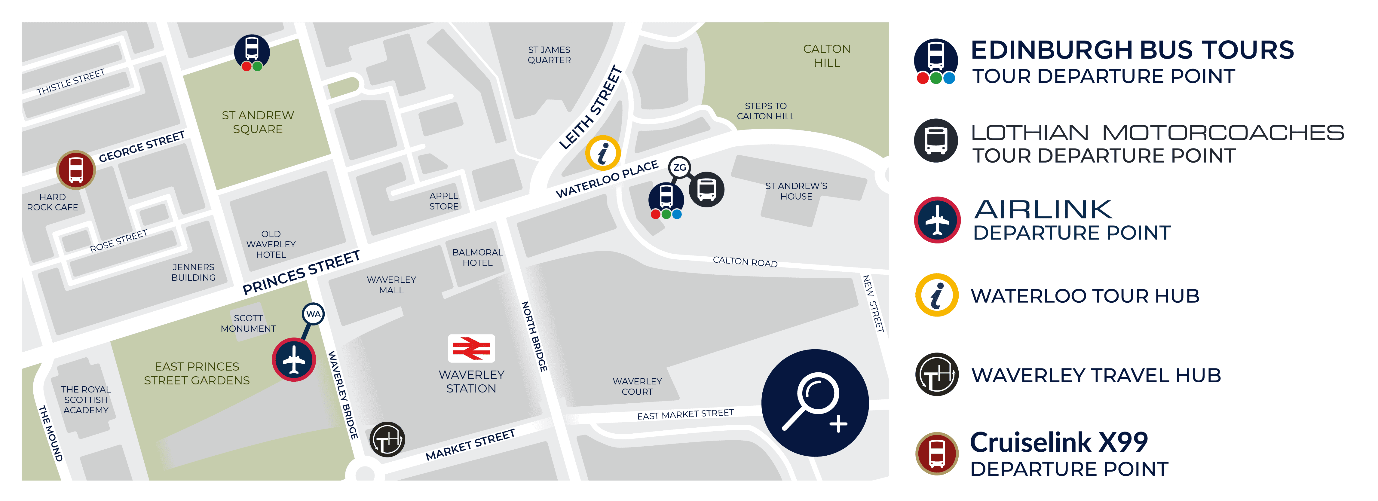 Map of Edinburgh City Centre highlighting Waterloo Place Departure Point, Waterloo Place Tour Hub, Waverley Bridge Airlink Departure Point, Waverley Train Station, Waverley Travel Hub, St Andrews Square Stop and Cruiselink X99 Departure Point on George Street.