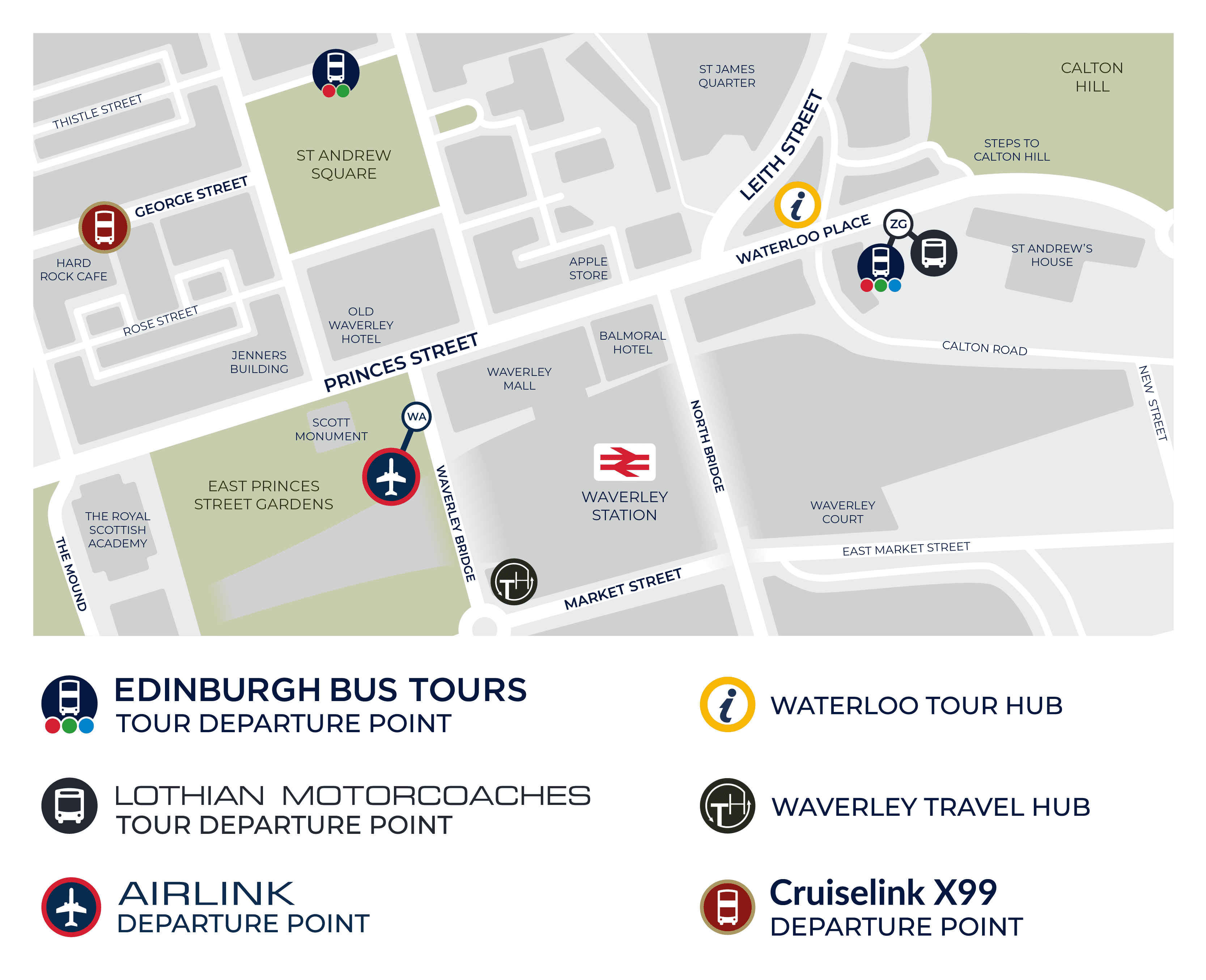 Map of Edinburgh City Centre highlighting Waterloo Place Departure Point, Waterloo Place Tour Hub, Waverley Bridge Airlink Departure Point, Waverley Train Station, Waverley Travel Hub, St Andrews Square Stop and Cruiselink X99 Departure Point on George Street.