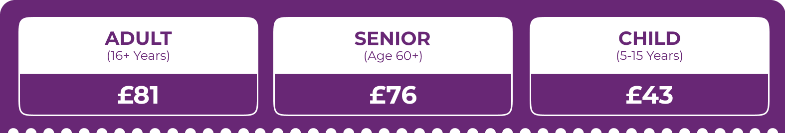 Adult £81, Senior £76, Child £43